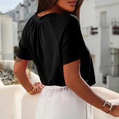 💖 Damy, swobodny złożony top z krótkimi rękawami i dekoltem w v